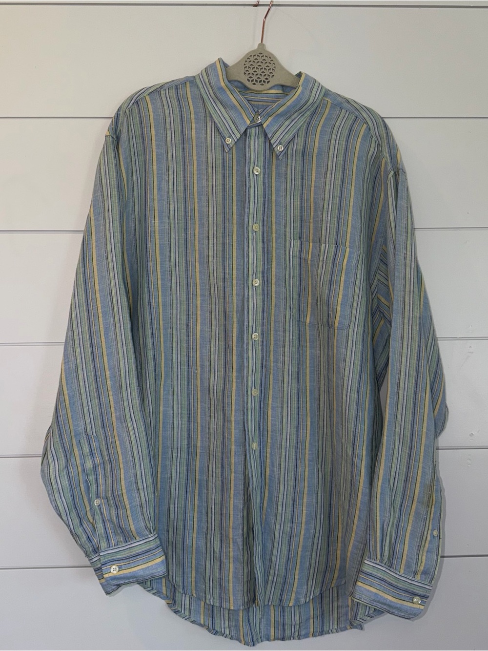 Brooks Brothers 346 Linen Shirt Mens L Long Sleeve Button Down Multi Stripe GUC